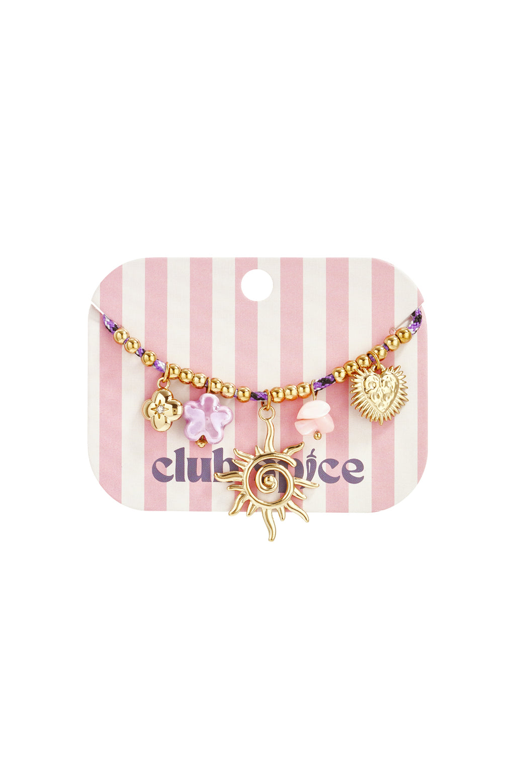 Buntes Kordelarmband mit verschiedenen lila Anhängern
