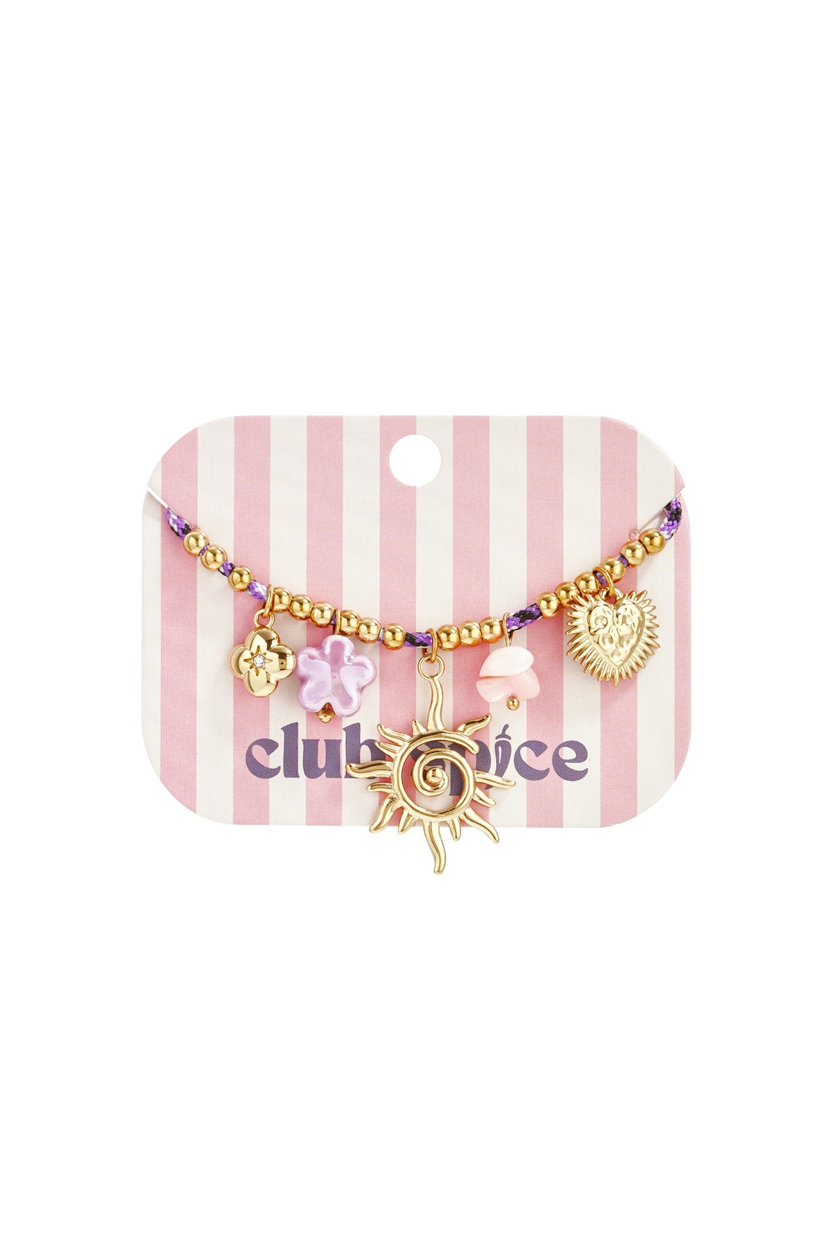 Buntes Kordelarmband mit verschiedenen lila Anhängern