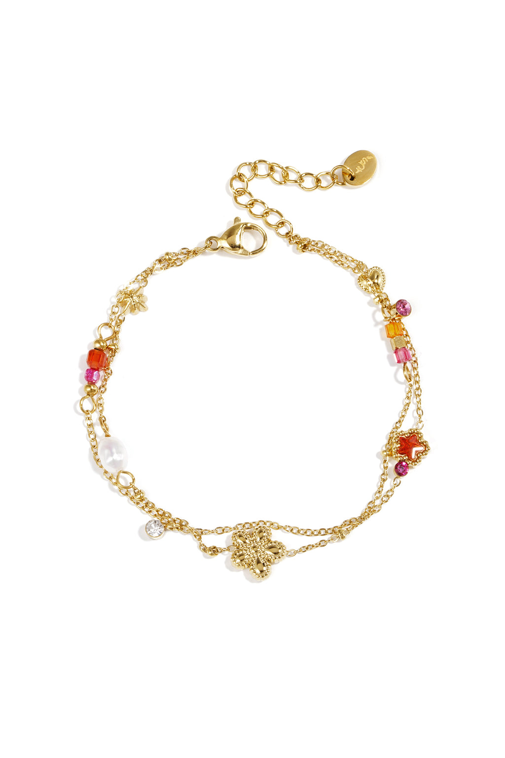 Charm-Armband mit Stern- und Blumenanhängern, Perlen, Steinen und Perlen